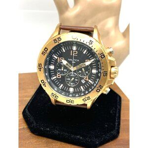 Nautica Men's Watch N18523 Quartz Black Dial Rose Gold Tone Leather Band 48mm
